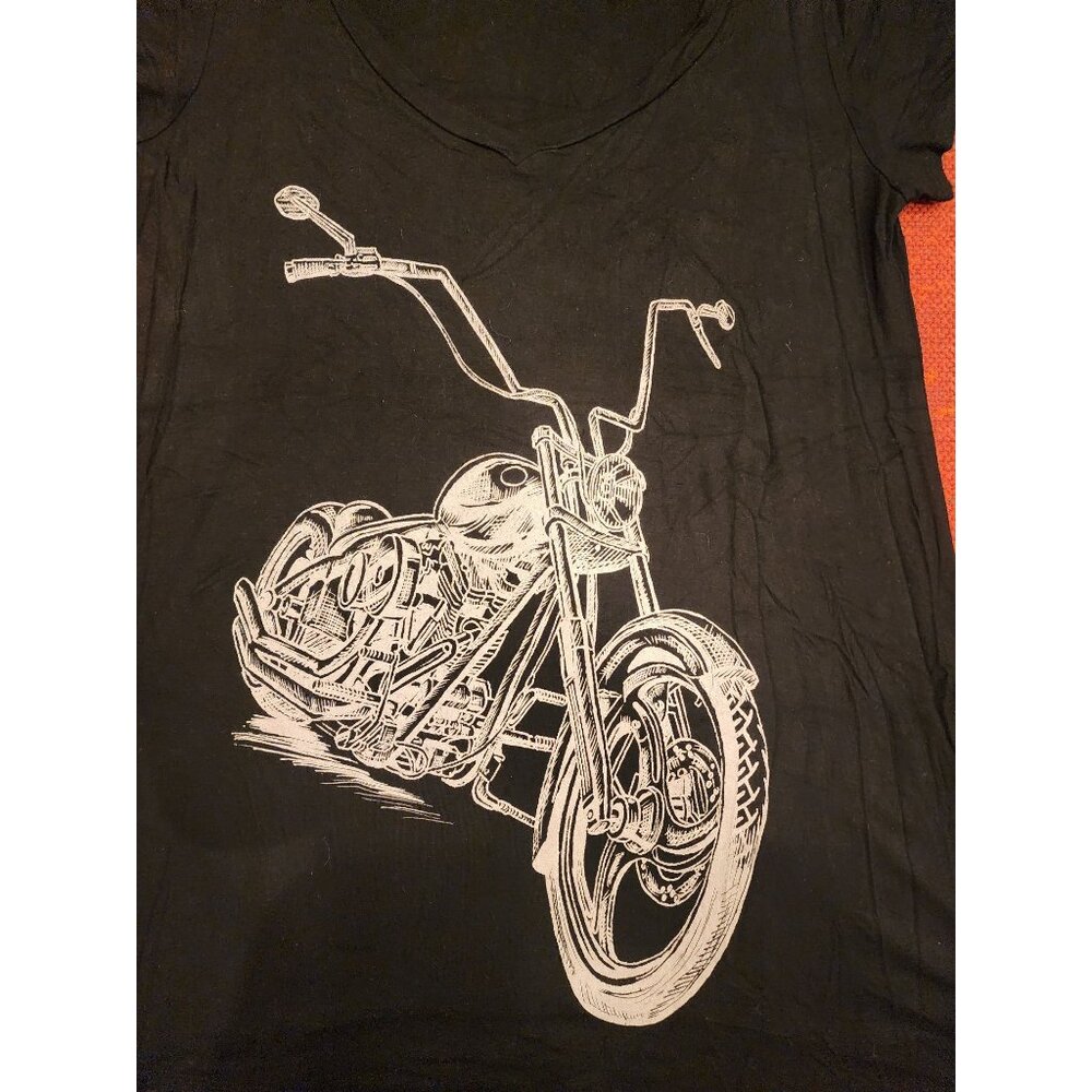 Vintage"Joshua" Black Motorcycle Graphic Women's Low V-Neck T-Shirt. Sz L - Picture 6 of 16